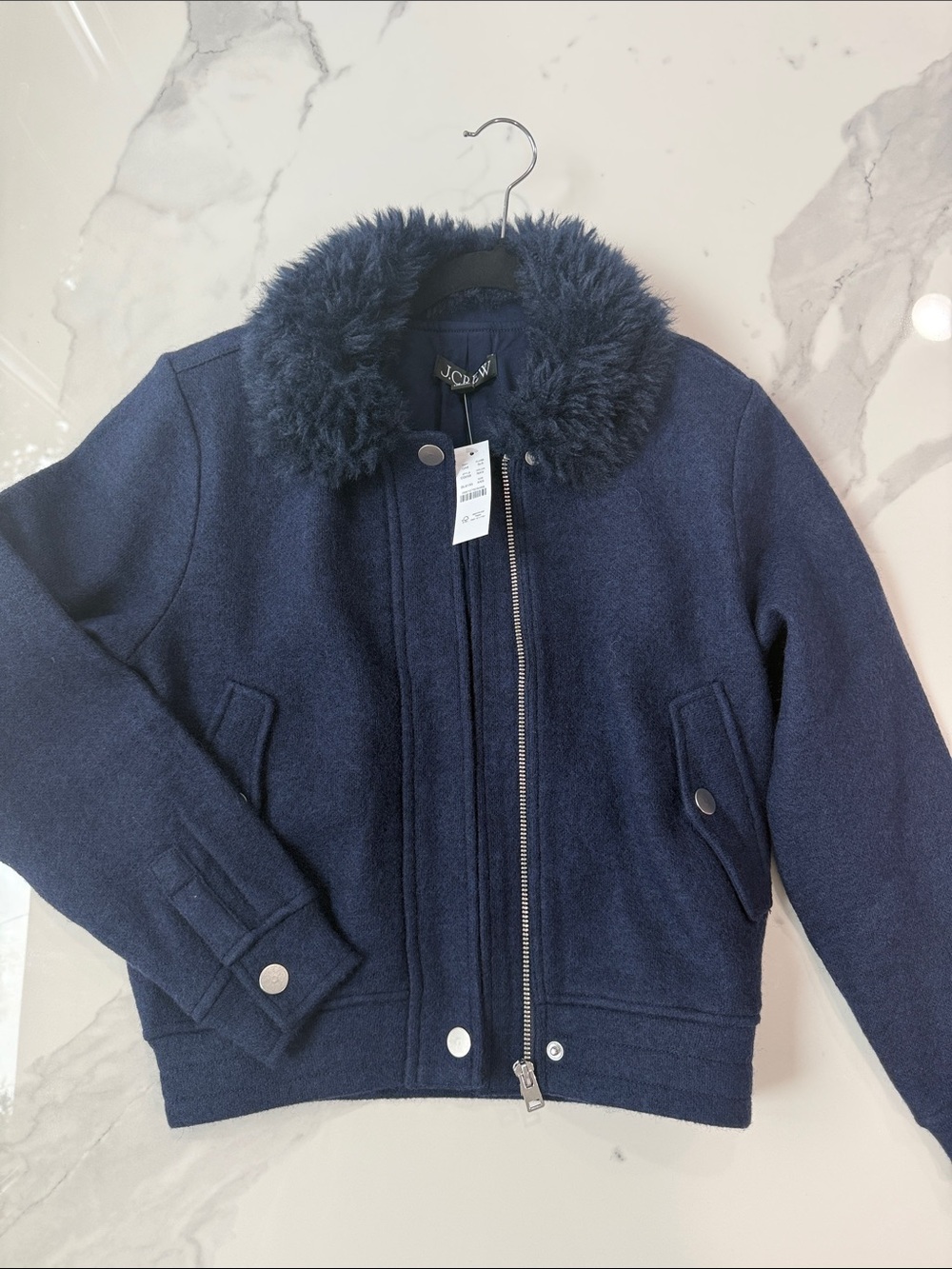 NWT J. Crew Navy Girls' Wool-Blend Jacket with Faux-Fur Collar